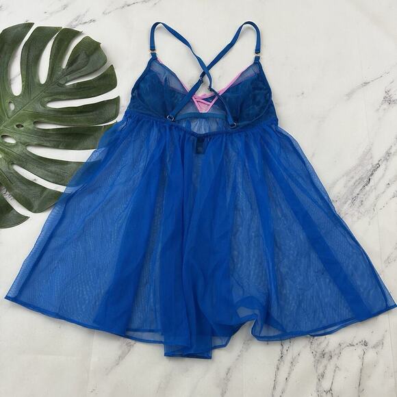 Victorias Secret Babydoll Negligee Top size M Blue Pink Lace Sheer Mesh - Picture 5 of 9